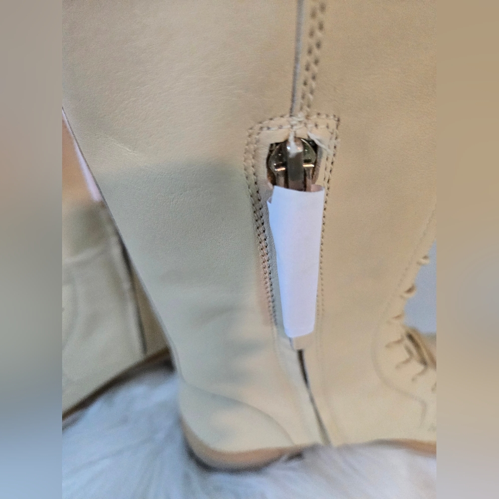 Sam Edelman Nance Elegant Beige Knee-High Lace-Up Boots In Eggshell - Picture 9 of 13